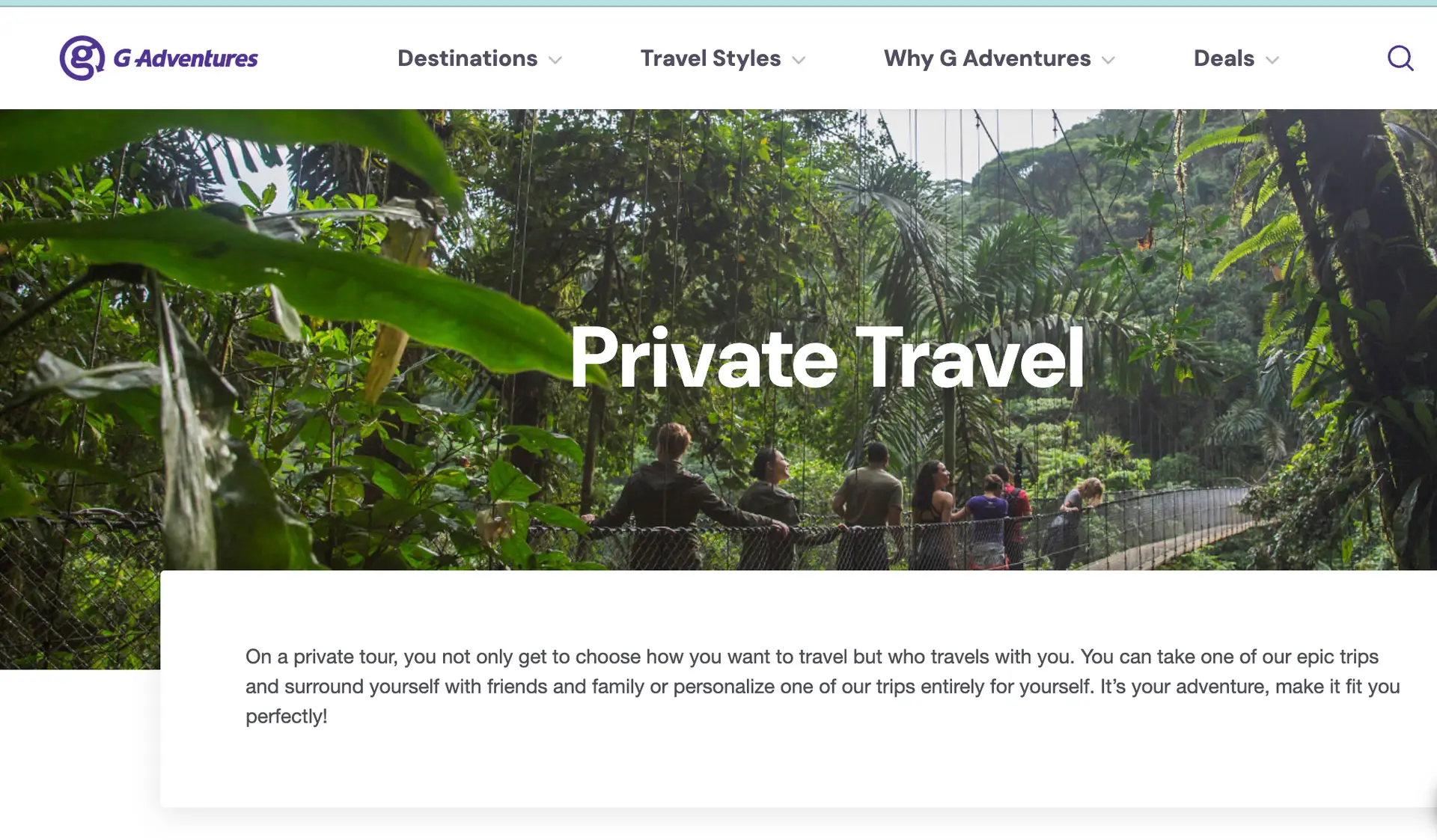 G Adventures Private Travel landing page